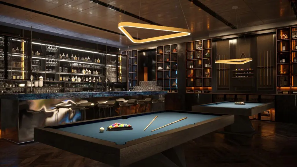 Luxurious billiards room with elegant lighting and dark wood accents.