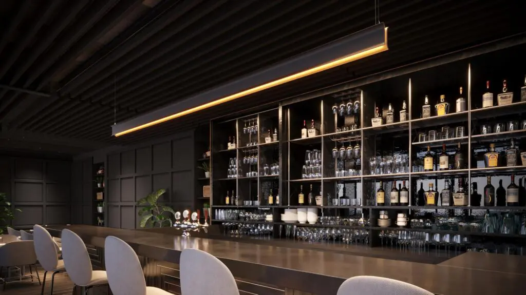 Elegant modern bar with dark wood and ambient lighting.
