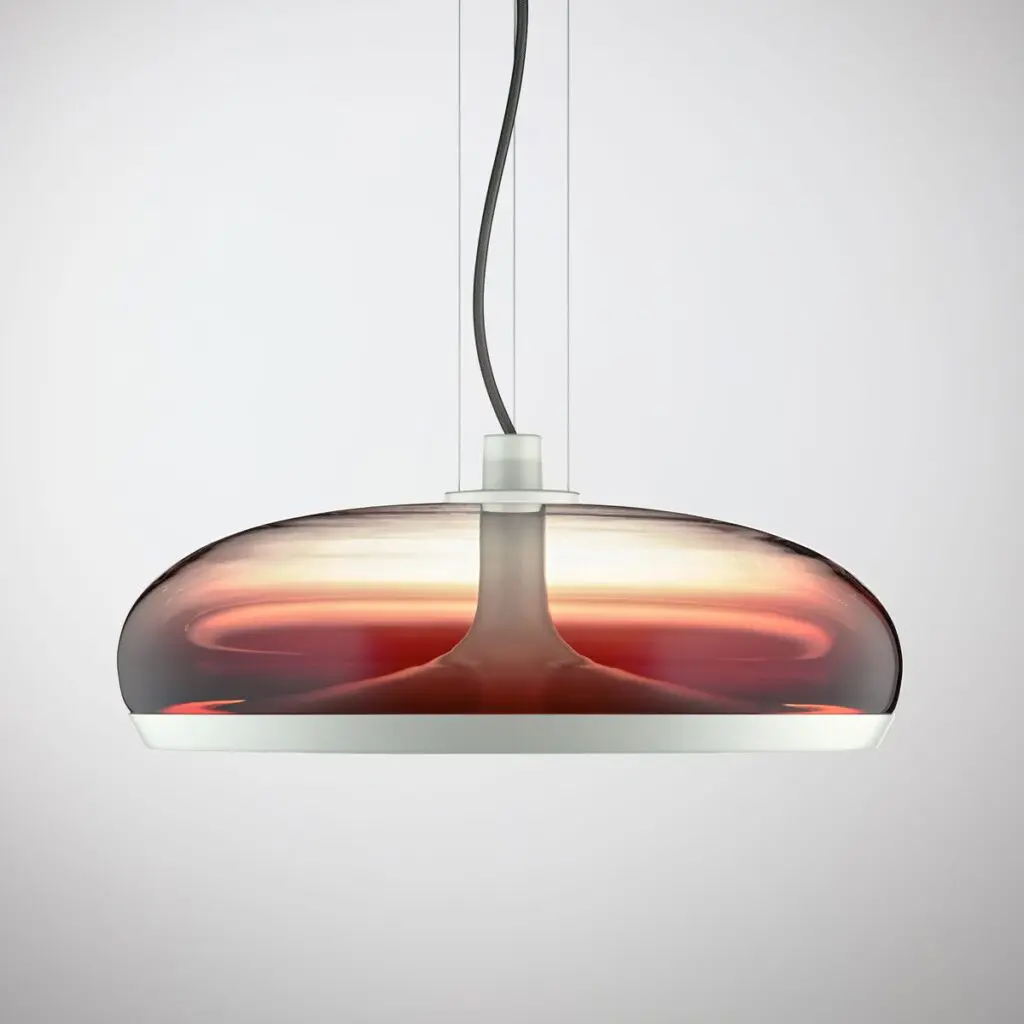 Modern pendant lamp with a sleek, translucent design and warm amber glow.
