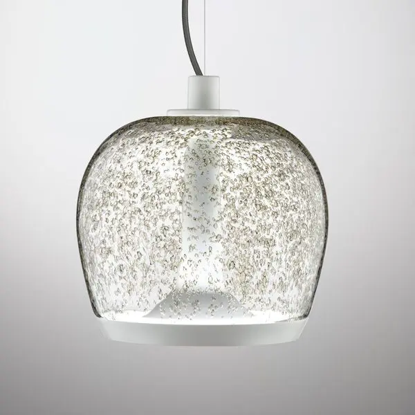 A modern pendant light with a textured glass shade.