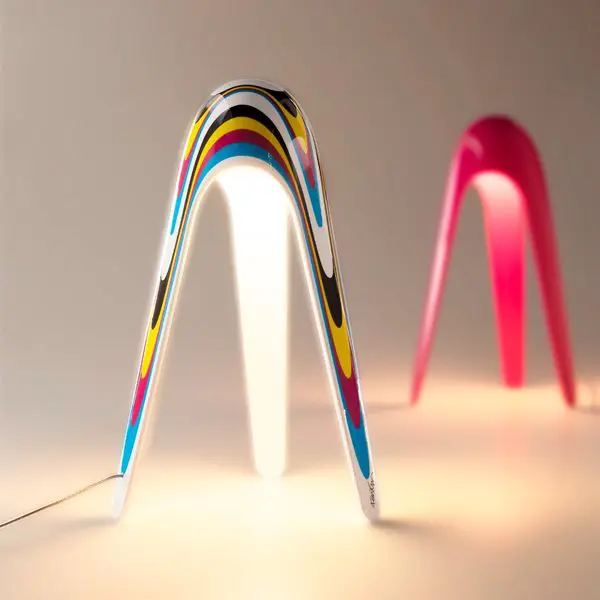 Two colorful, arched objects resembling modern art or furniture pieces.